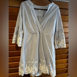 Beautiful blue and white striped dress with embroidered detail. Size large